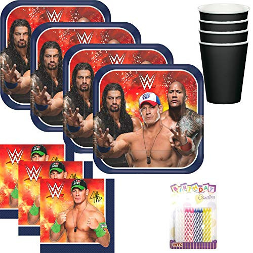 WWE Wrestling Party Plates Napkins and Cups Serves 16 with Birthday Candles - WWE Party Supplies Pack (Bundle for 16)