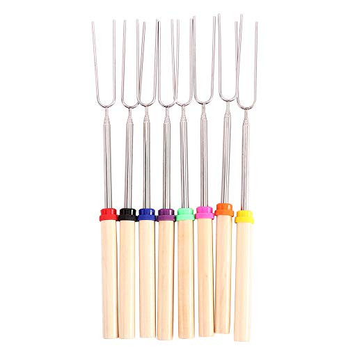 YERZ Marshmallow Roasting Sticks- BBQ Skewers- Telescoping Rotating Forks- Outdoor Fireplace Campfire Accessories- Extendable Steel Fork