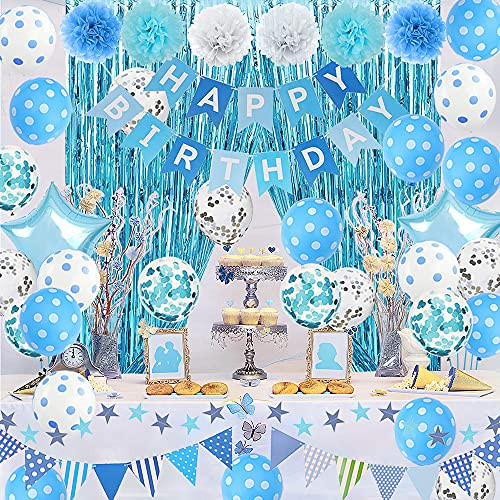 Birthday Decorations- Blue Birthday Party Decorations with Tissue Pom Pom flowers- Happy Birthday Banner- Confetti Balloons- Foil Fringe Curtain- Happy Birthday Party Supplies for Men Women Boys Girls - Light Blue and White Birthday Decorations- Blue Birthday Party Decorations with Tissue Pom Pom flowers- Happy Birthday Banner- Confetti Balloons- Foil Fringe Curtain- Happy Birthday Party Supplies for Men Women Boys Girls - Light Blue and White