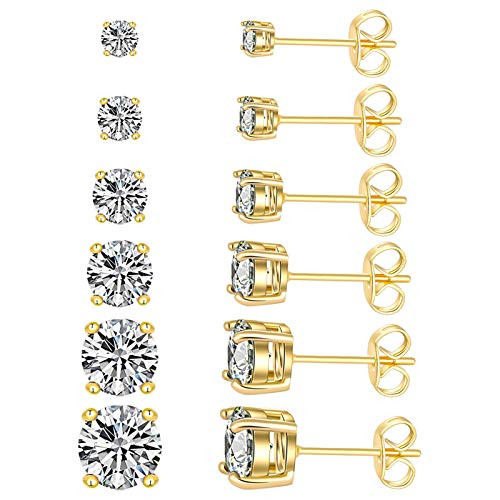 Women's CZ Stud Earrings Simulated Diamond 18K Gold Plated Royal Round Cubic Zirconia Ear Stud Set -6 Pairs- Women's CZ Stud Earrings Simulated Diamond 18K Gold Plated Royal Round Cubic Zirconia Ear Stud Set -6 Pairs-