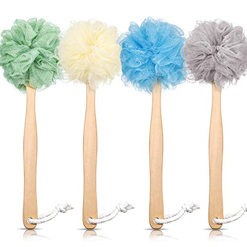 4 Pieces Loofah Back Scrubber Bath Sponge with Wooden Handle- Long Handled Sponge Mesh Pouf Shower Brush Exfoliating Bath Shower Body Brush Luffa Bath Back Brush for Women Men