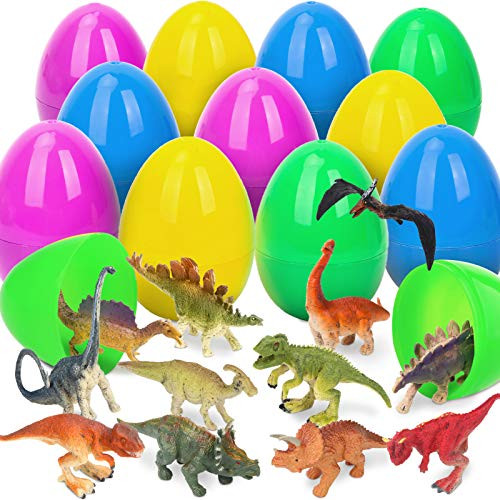 Easter Eggs Prefilled with 12 PCS Dinosaur Toys Figures- Colorful Easter Egg Fillers- Cake Toppers- Easter Basket Stuffers Toy Gifts Party Favor for Kids