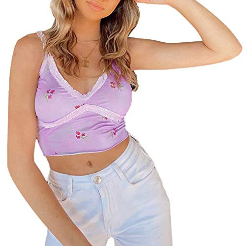 Women's Lace Crop Top Sexy V Neck Spaghetti Strap Tank Top Y2K Summer Sleeveless Camisole Top Shirt -Purple- M- Women's Lace Crop Top Sexy V Neck Spaghetti Strap Tank Top Y2K Summer Sleeveless Camisole Top Shirt -Purple- M-