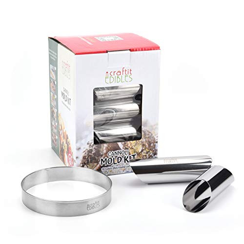 Cannoli Tubes Set of 18 Large Canolli Shell Molds with FREE Round Cookie cutter- 4.5 Inch. Stainless steel Canoli Forms- Pastry Mold Kit By Craftit Edibles Cannoli Tubes Set of 18 Large Canolli Shell Molds with FREE Round Cookie cutter- 4.5 Inch. Stainless steel Canoli Forms- Pastry Mold Kit By Craftit Edibles