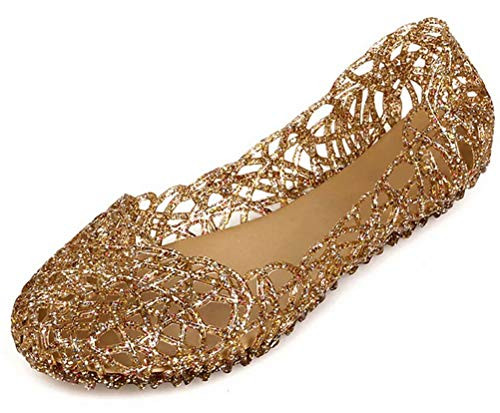 HITCH REAP Women's Jelly Sandals Ballet Shoes Slip On Flats Hollow Out Loafers US Size 9.5 Gold