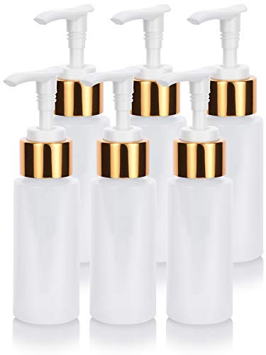 Clear Natural Large Refillable Plastic Squeeze Bottle with Gold Lotion Pump Dispenser 2 oz / 60 ml - -6 Pack-