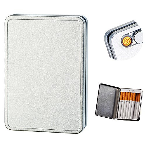 SunTime USB Cigarette Lighter Case Cigarette Box Electronic Flameless Rechargeable Windproof Lighters Can Hold 16 Cigarette Smoke -Silver USB Lighter-
