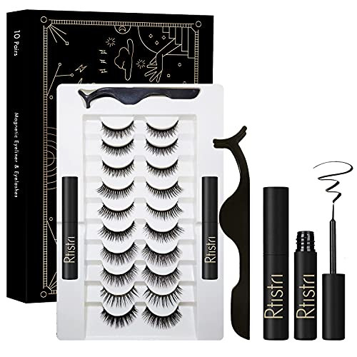 Rtistri Upgraded 3D 6D Magnetic Eyelashes with Eyeliner Kit?2 Tubes of Magnetic Eyeliner  and  10 Pairs Magnetic Eyelashes Kit-With Natural Look  and  Reusable False lashes -No Glue Need