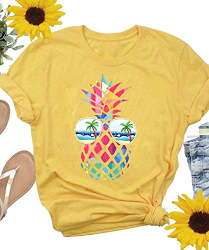 BEDDAN Women Pineapple Sunglasses Beach Shirt Tops Funny Graphic T Shirt Casual Summer Short Sleeve Tee Shirts -Yellow- Medium-