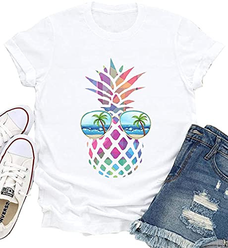 BEDDAN Women Pineapple Sunglasses Beach Shirt Tops Funny Graphic T Shirt Casual Summer Short Sleeve Tee Shirts -White- Small-