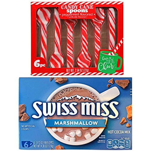 Peppermint Sticks for Hot Chocolate Spoon Shaped and 6pk Swiss Miss Hot Chocolate Set- Hot Cocoa Mix- Hot Chocolate Mix- Christmas Candy- Peppermint Candy