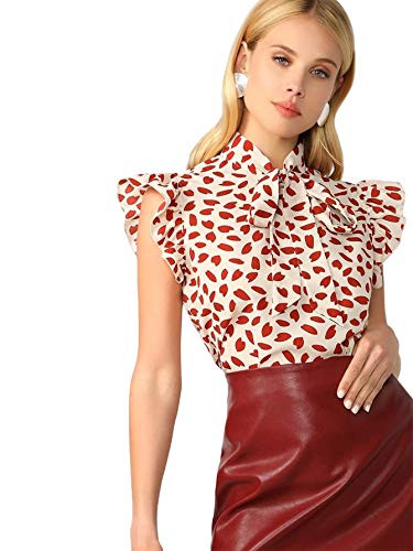 MakeMeChic Women's Allover Print Tie Neck Ruffle Trim Sleeve Blouse Top Multi S