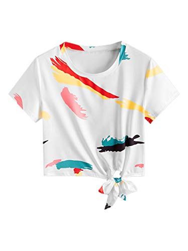 Romwe Women's Plus Size Short Sleeve Printed Tie Knot Front Crop Tops T Shirt Tee White 4XL