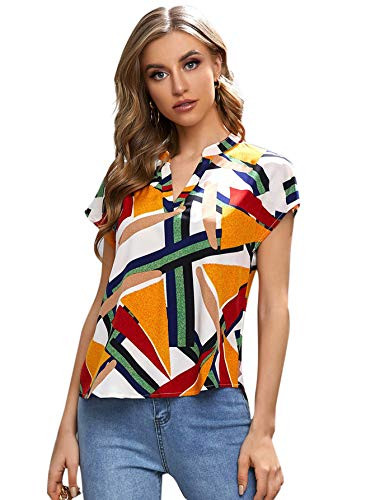 Romwe Women's Casual Geo Printed Cap Sleeve Notch Neck Work Blouse Tops Shirts Multicolor M