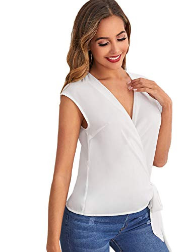 Romwe Women's Cap Short Sleeve Deep V Neck Tie Front Summer Wrap Blouse Top White S