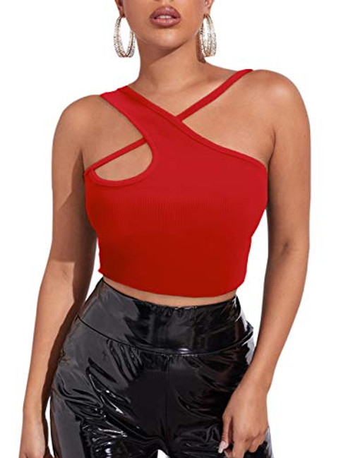 Meladyan Womens Solid Active Ribbed Crop Camisole Hollow Out Sexy Cross Slim Fit One Shoulder Crop Cami Tank Tops Red