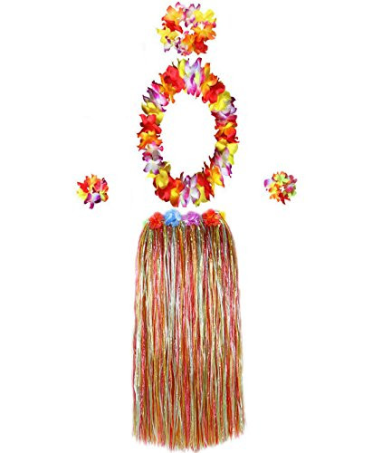 Hawaiian Luau Hula Grass Skirt Large Flower Costume Set Dance Performance Party Decorations Favors Supplies (32" - Mutilcolor)