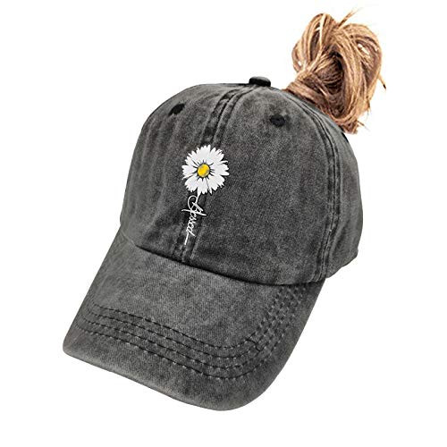 Waldeal Women's Adjustable Daisy Blessed Hat with Ponytail Hole Faith Vintage Baseball Cap Black