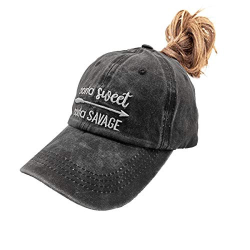 Waldeal Women's Embroidered Sorta Sweet Sorta Savage Ponytail Hat Messy High Bun Ponycap Black Waldeal Women's Embroidered Sorta Sweet Sorta Savage Ponytail Hat Messy High Bun Ponycap Black