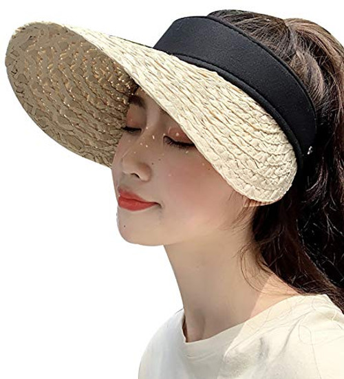 Womens UPF50 Foldable Summer Straw Visor Hats Wide Brim Sun Beach hat for Travel Beige