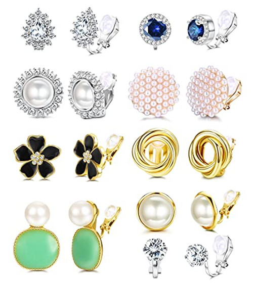 YADOCA 9 Pairs Clip Earrings Sets for Women Fashion Rose Flower Cubic Zirconia CZ Faux Pearl Twist Knot Clip Earrings Hypoallergenic Non Pierced Clip On Earrings Jewelry