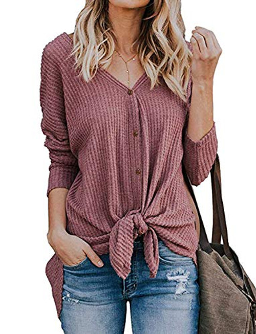 Womens Waffle Knit Tunic Blouse Tie Knot Henley Tops Loose Fitting Bat Wing Plain Shirts Pink Small