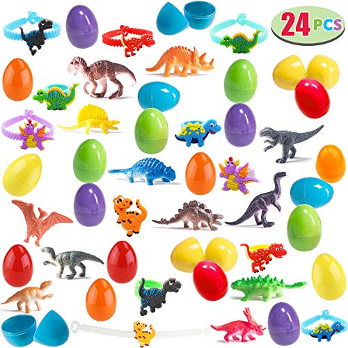 24 Pcs Easter Eggs with Prefilled Dinosaur Figures Toys Dinosaur Rings Dinosaur Bracelets- Egg Surprise Toys Easter Basket Stuffers Easter Party Favors for Kids