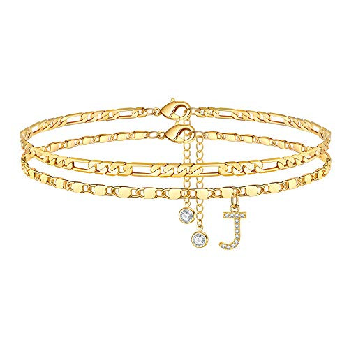 Ursteel Initial Ankle Bracelets for Women- 14K Gold Plated Ankle Bracelet with Initial J Dainty Adjustable Figaro Chain CZ Initial Gold Anklets for Women Teen Girls