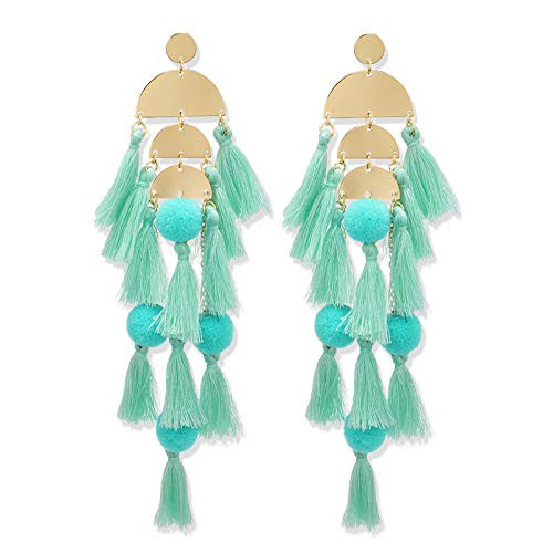 Long Tassel Earrings Statement Fringe Drop Bohemian Earrings Big Dangle for Women Fashion -green 2- Long Tassel Earrings Statement Fringe Drop Bohemian Earrings Big Dangle for Women Fashion -green 2-