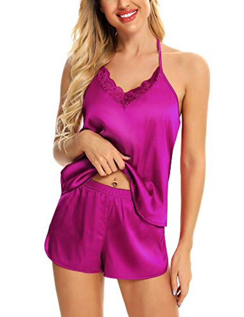 AGFAN Sexy Pajama Set Womens Sleepwear Lingerie Lace Satin Cami Shorts Set Nightwear Purple L AGFAN Sexy Pajama Set Womens Sleepwear Lingerie Lace Satin Cami Shorts Set Nightwear Purple L