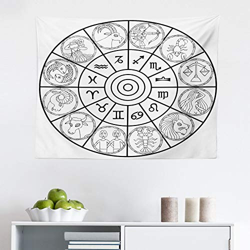 Lunarable Zodiac Tapestry- Zodiac Clock with Signs Ecliptic Coordinates System Birth Chart of Solar Print- Fabric Wall Hanging Decor for Bedroom Living Room Dorm- 28inch X 23inch- Black White