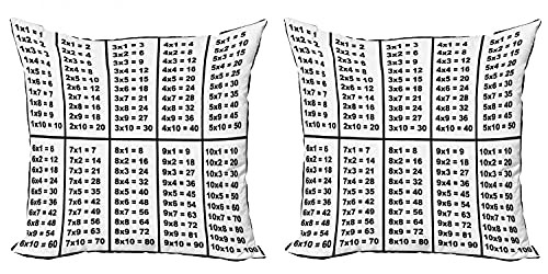 Lunarable Mathematics Room Throw Pillow Cushion Cover Pack of 2- Calculation Table of Multiplication Algebra Study Chart Count- Zippered Double-Side Digital Print Decor- 16inch- Black White