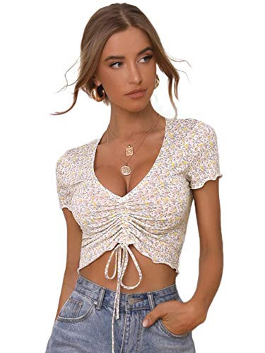 SOLY HUX Women's Floral Print V Neck Short Sleeve Tee Ruched Tie Front Crop Top Multicoloured XL
