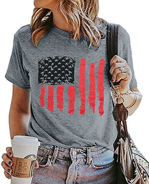 American Flag Shirts for Women Funny 4th of July Graphic Tee USA Patriotic T Shirt Casual Short Sleeve Tops -Grey- Large-