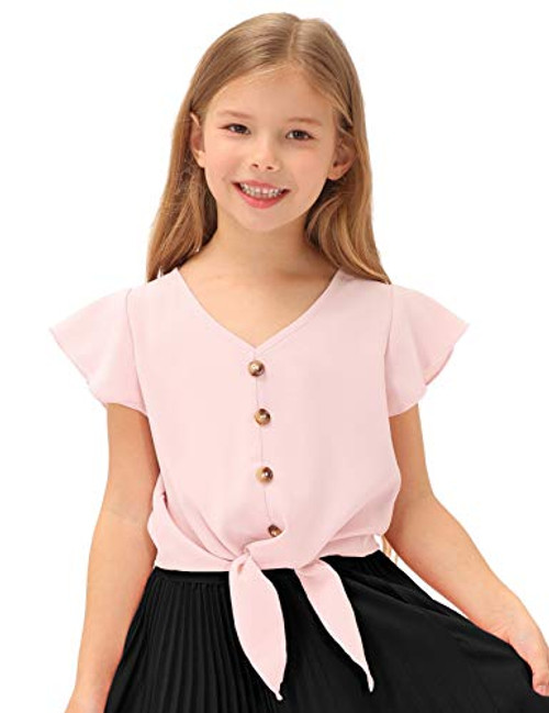 GRACE KARIN Girls Short Sleeve Shirts V Neck Ruffle Tie Knot Tops Solid Color Summer Shirts Blouse Pink