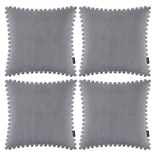 Pack of 4 Decorative Throw Pillow Covers with Pom Poms Soft Pillow Case Velvet Solid Cushion Covers Square Cushion Cases with Balls for Sofa Home Bedroom Car -Light Grey- 18x18in/45x45cm-