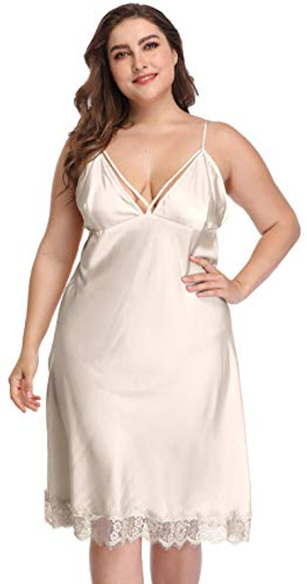 Womens Plus Size Sexy Lingerie Satin Lace Chemise Spaghetti Straps Nightgown Full Slips V Neck Sleepwear Nightgown Champagne