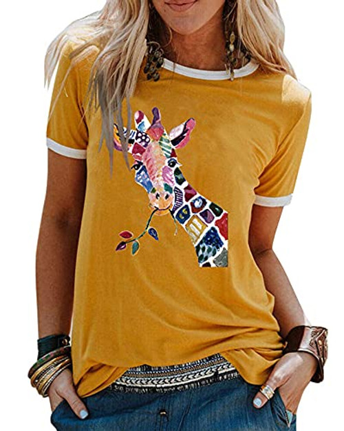 Womens Summer Tops Casual Giraffe Print Graphic Cute Tees Short Sleeve Crew Neck T-Shirts Yellow
