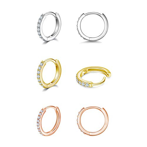 925 Sterling Silver Small Hoop Earrings Cubic Zirconia Silver 14K Gold Rose Gold Plated Huggie Hoop Earrings-3 Pairs Cartilage Piercing Earrings Ear Cuff Tiny Hoop Earrings for Women Girls Men 8mm