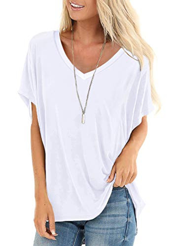 Plus Size Tops Women Short Sleeve V Neck Blouses Loose Fitting Flowy White XXL