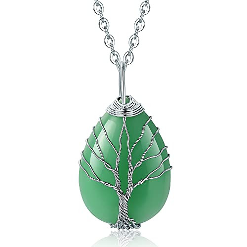 XIANNVXI Green Aventurine Spiritual Healing Crystal Stone Necklaces Tree of Life Wire Wrapped Teardrop Gemstone Pendant Necklace Natural Reiki Quartz Jewelry for Women Girls