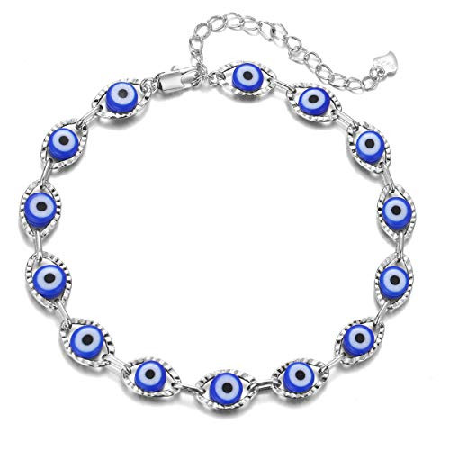Evil Eye Bracelet for Women?14K Gold Plated Turkish Blue Eye Chain Bracelets for Girls -silver blue evil eye-