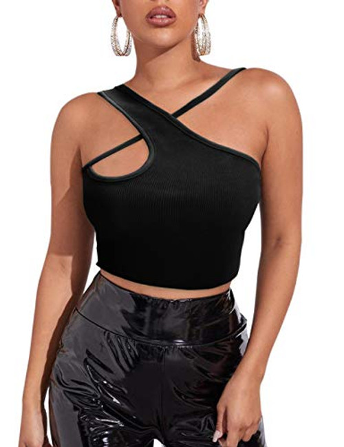 Meladyan Womens Sexy Ribbed Knit Sleeveless Cross Crop Tank Hallow Out Slim Fit Solid Streetwear Cropped Camisole Tops Black