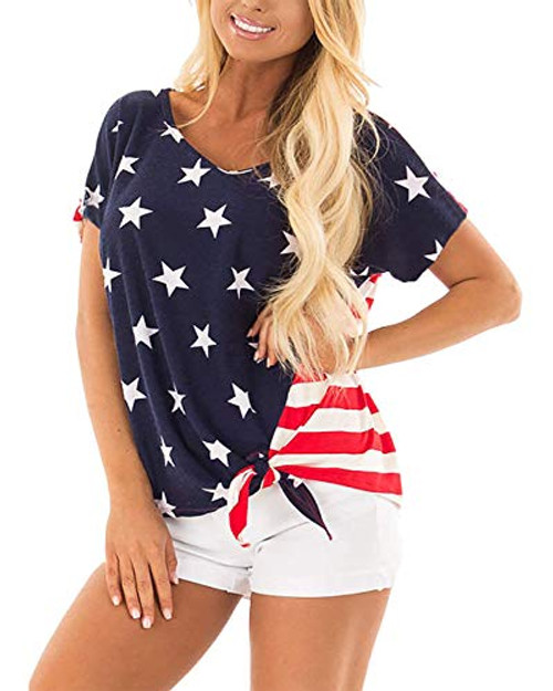 Women's American Flag Shirt 4th of July T-Shirt Patriotic Short Sleeve Tee USA Stripe Star Summer Blouse Tops Dark Blue