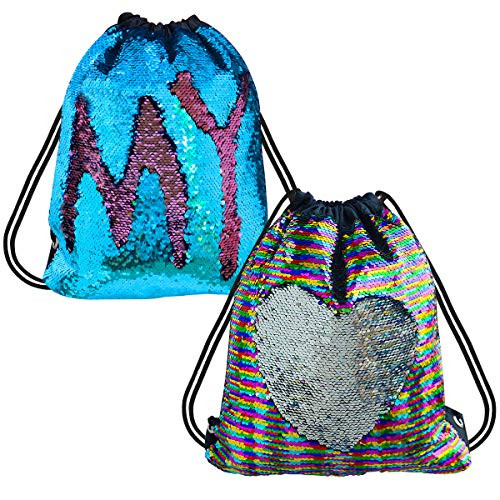 Sequin Drawstring Bag 2 Pack- Sequin Mermaid Backpack- Reversible Sequin Dance Bags Backpacks for Girls Kids -Blue/Pink  and  Rainbow/Silver-