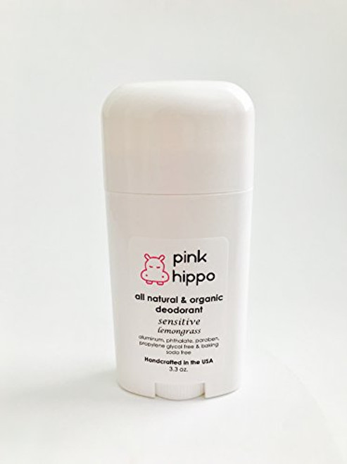 Pink Hippo All Natural Deodorant-Sensitive Lemongrass -Baking Soda Free- Organic- Aluminum-Free- Phthalate- Free- Paraben- Free 3.3oz