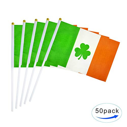 AuTop 50 Pack Ireland Shamrock Flag Small Mini Hand Held Irish St Patricks Clover Flags On Stick,Party Decorations Supplies for Saint Patrick's Day Theme Celebrations Events