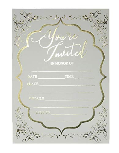 Fill in Invitations Wedding, Gold Foil - 25 Pack - Wedding Invitation, Hot Stamp Press. Party Invitations Birthday, Anniversary Celebration, Bridal or Baby Shower (Invitation Gold 1)