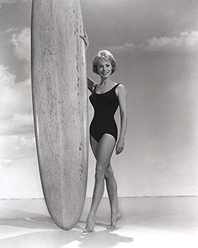 Janet Leigh Posed in Black Swimsuit with Right Hand Touching the Larg Surfing Board Photo Print -8 x 10-