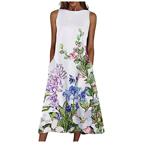 LightClouds Womens Summer Dresses Casual Loose Sleeveless Pocket Long Dress O-Neck Flowers Print Retro Dress White LightClouds Womens Summer Dresses Casual Loose Sleeveless Pocket Long Dress O-Neck Flowers Print Retro Dress White